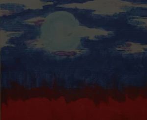 Abstract painting of a landscape with blues and reds